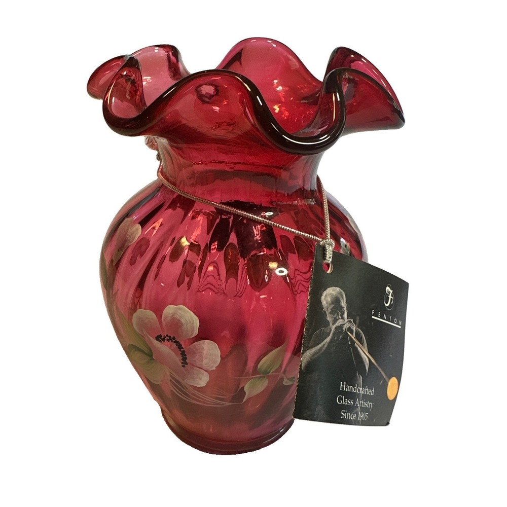 Fenton Cranberry Glass Vase Handpainted White Poppies Ruffled Rim 5 inch 3249 C6